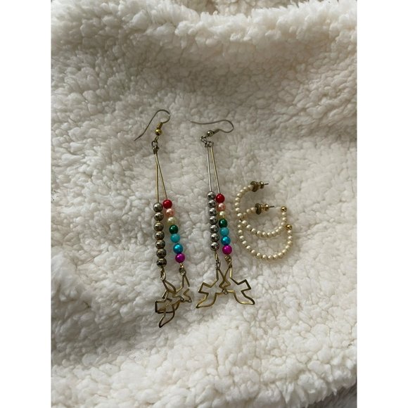 Vintage Silver Tone Beaded Dangle Bird Earrings & Semi Hoop Cream Bead Earrings - Picture 2 of 10